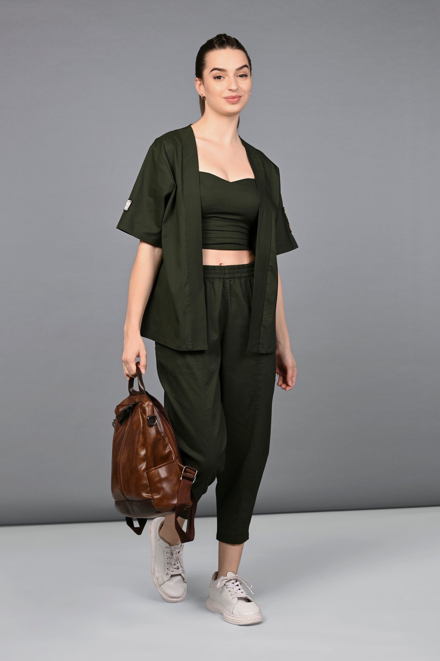 Military Green Open Jacket and Yoga Pants Set