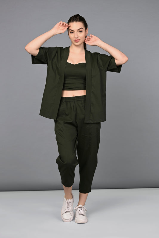 Military Green Open Jacket and Yoga Pants Set