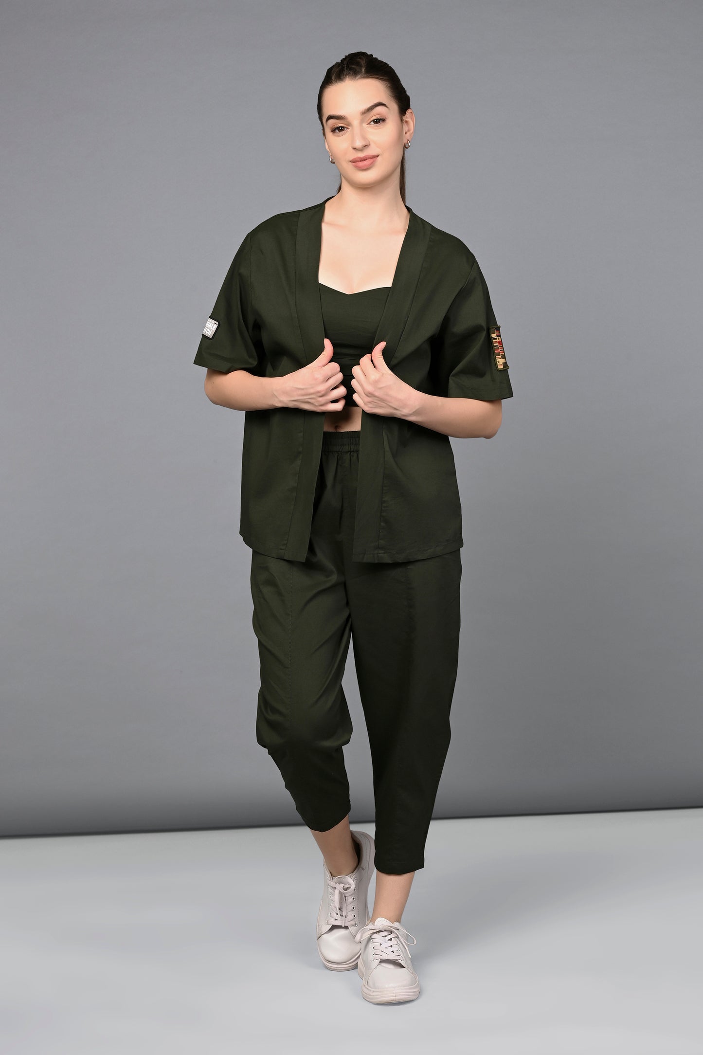 Military Green Open Jacket and Yoga Pants Set