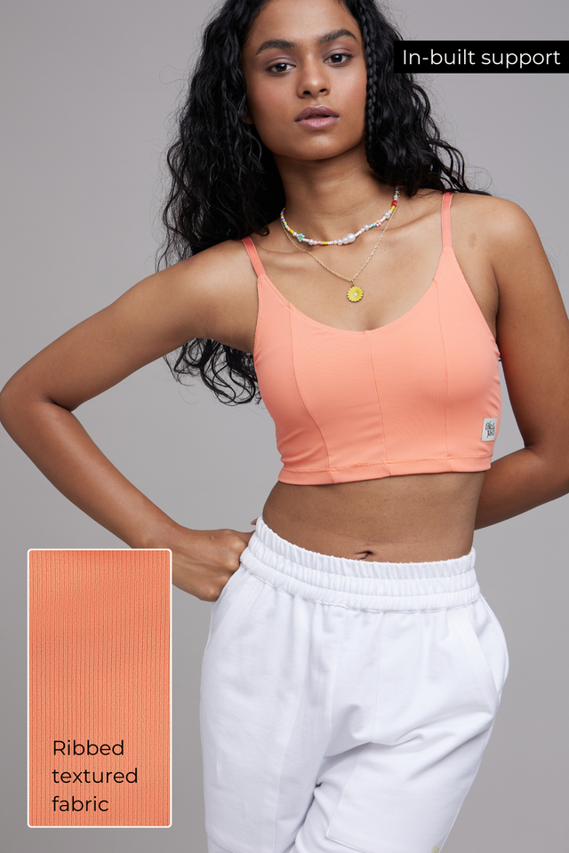 Breezy Ribbed Padded Sports Bra - Cozy Peach