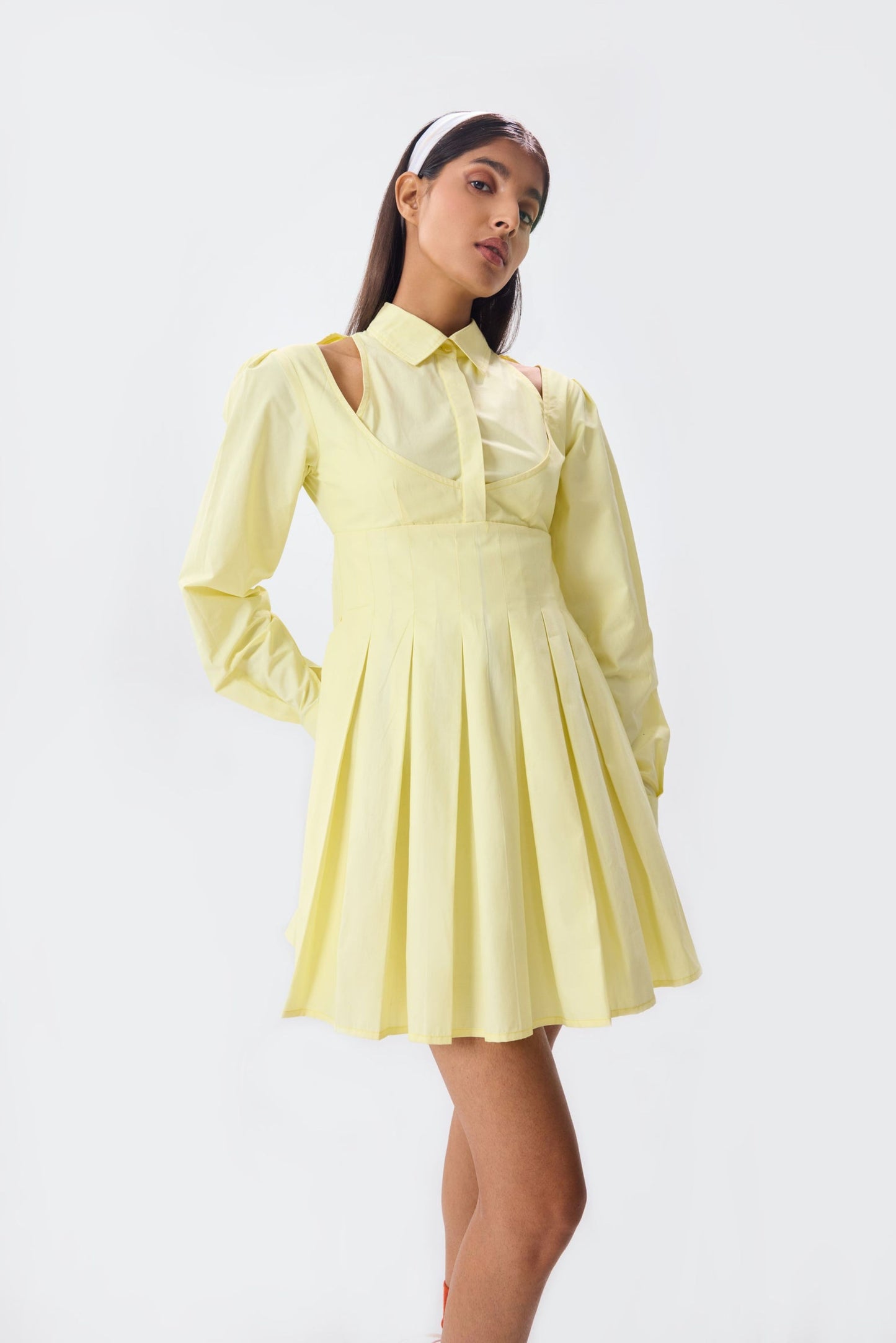 lemon pleated shirt dress