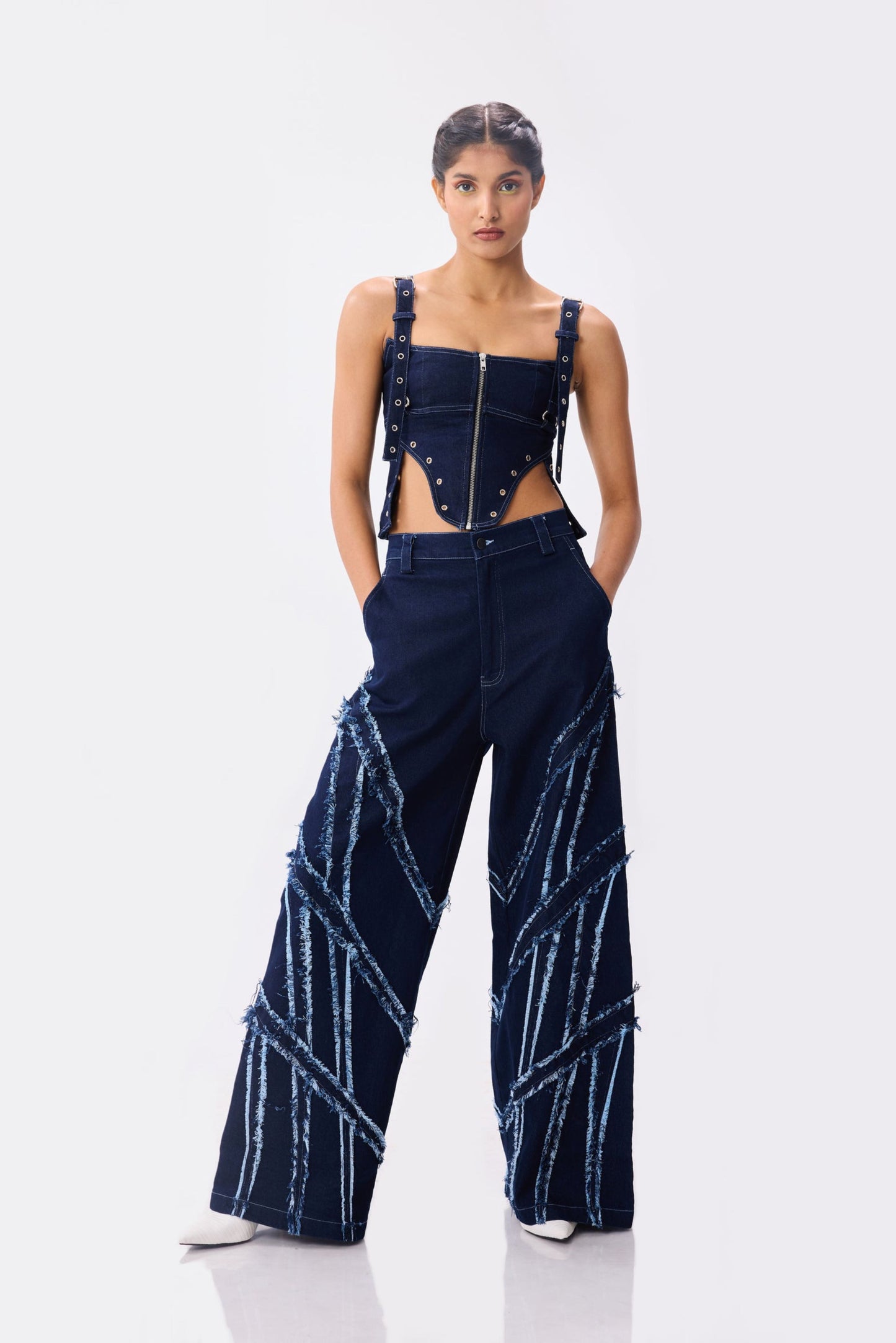 panelled raw denim jeans