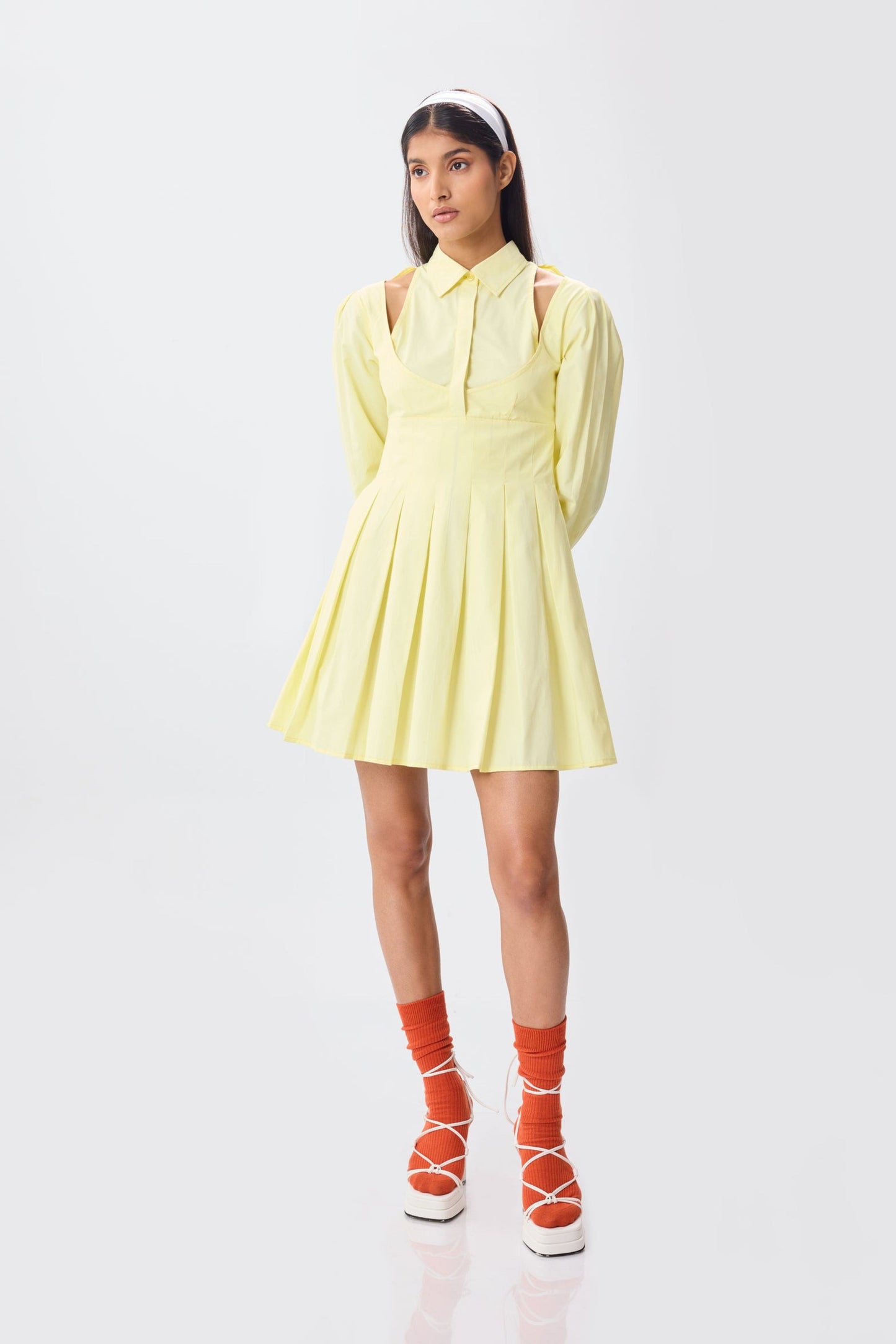 lemon pleated shirt dress