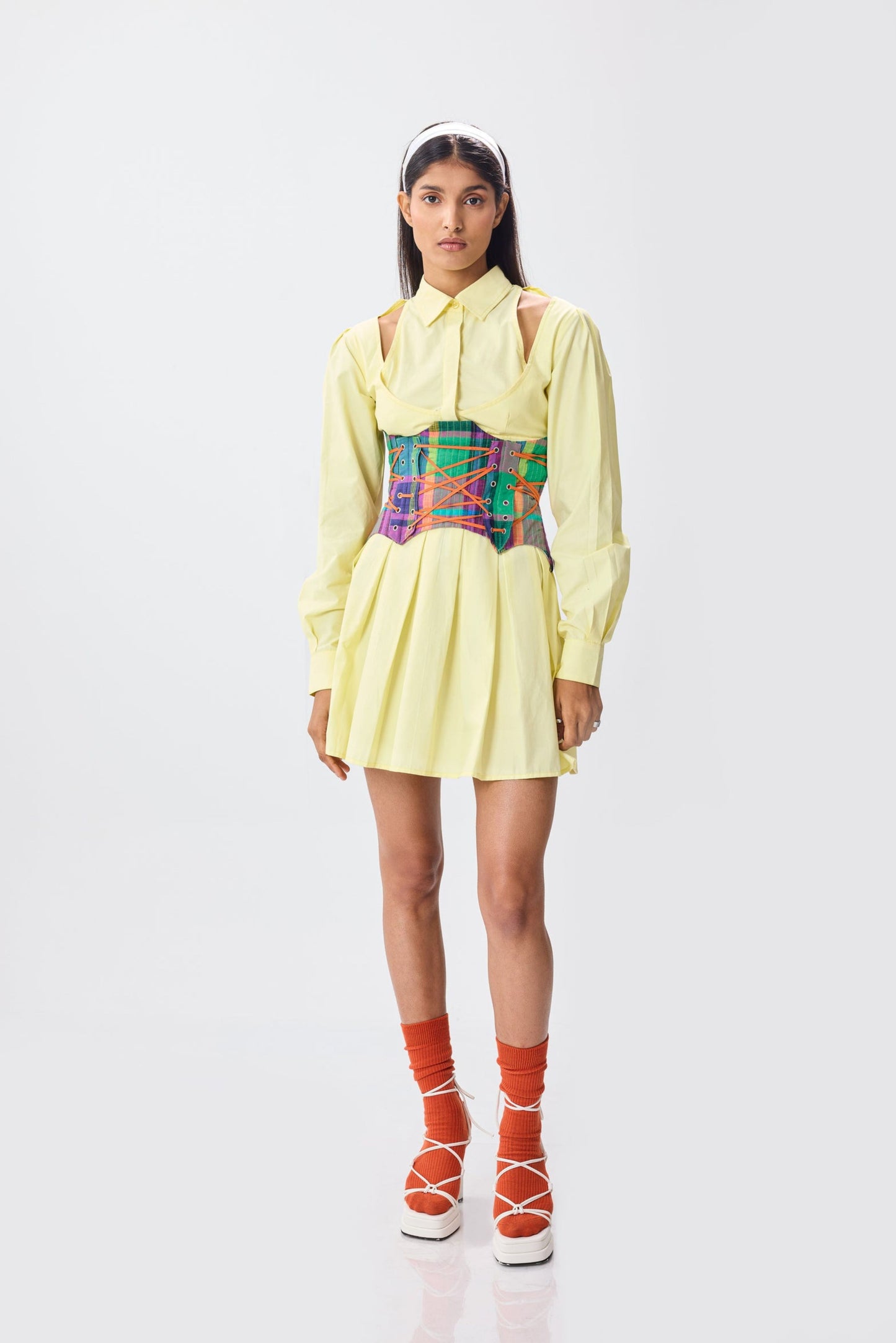lemon pleated shirt dress
