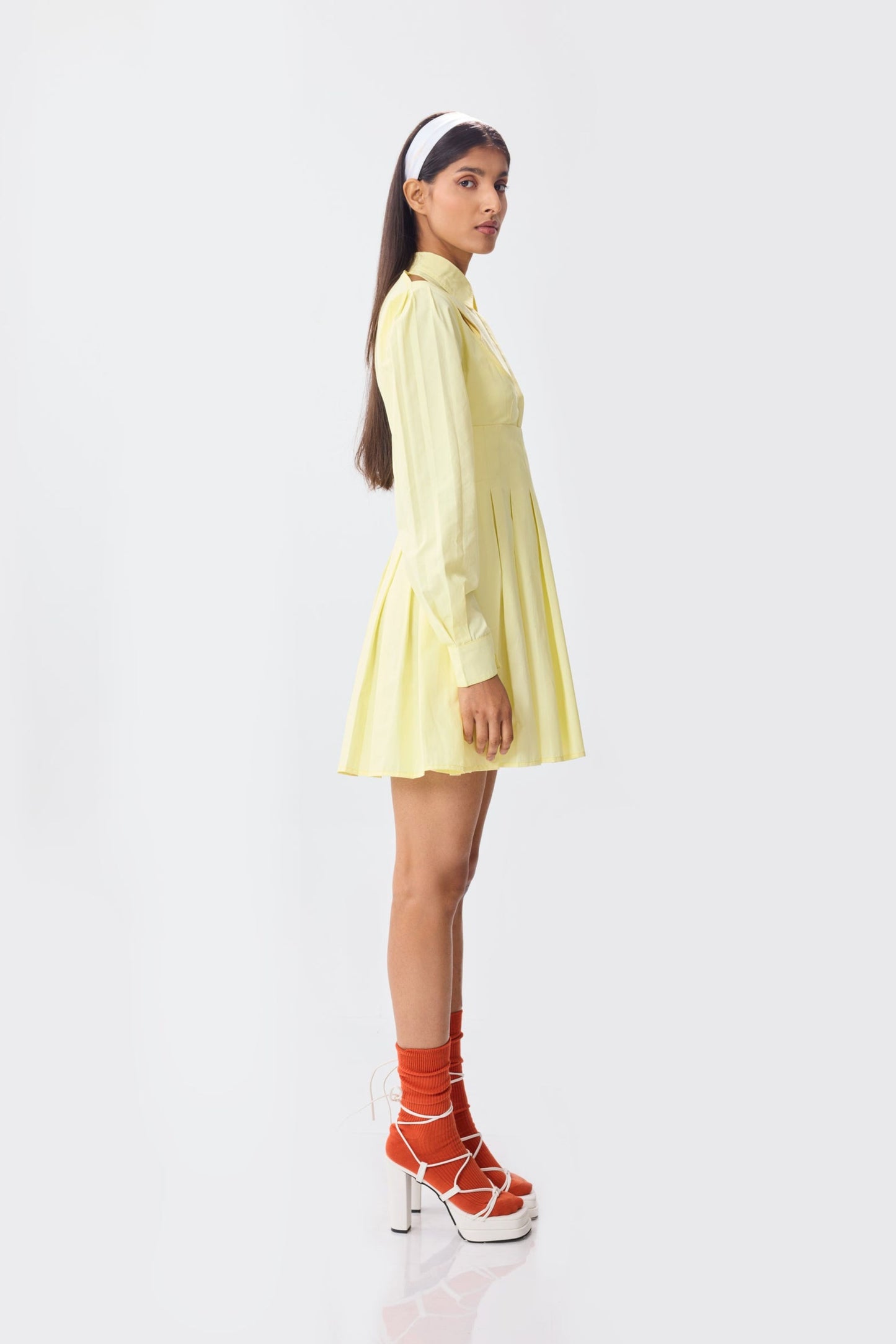 lemon pleated shirt dress