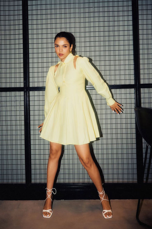 lemon pleated shirt dress