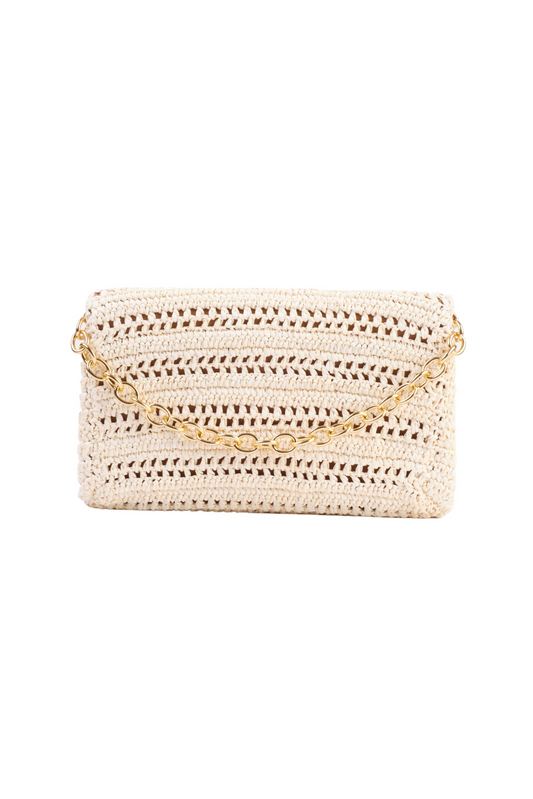 Off White Slim Raffia Clutch