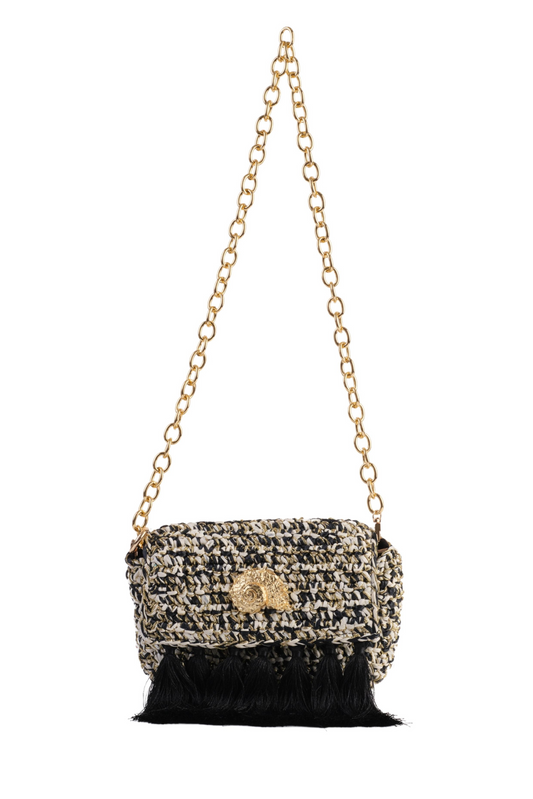 3 Weave Real Raffia Clutch- Black and Gold
