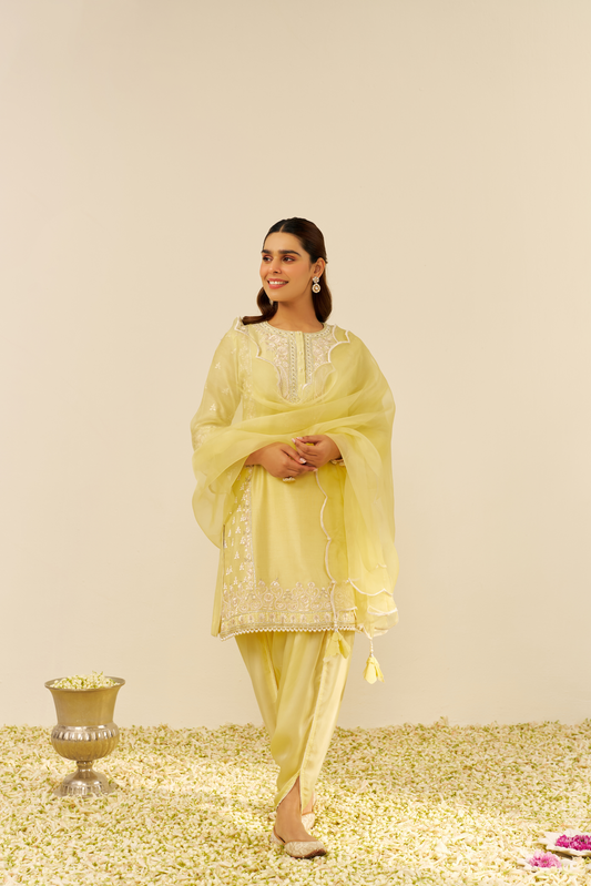 Zaisha - Lemon Yellow Short Kurta With Dhoti and Dupatta