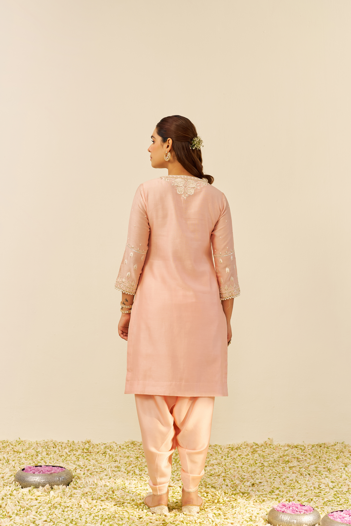 Zahra - Off Rose Short Kurta With Dhoti and Dupatta