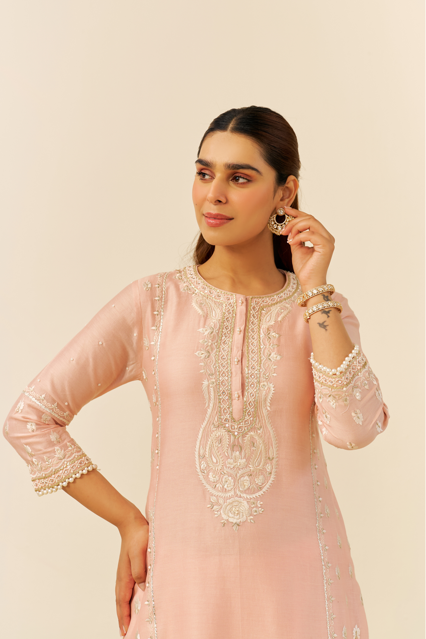 Zahra - Off Rose Short Kurta With Dhoti and Dupatta