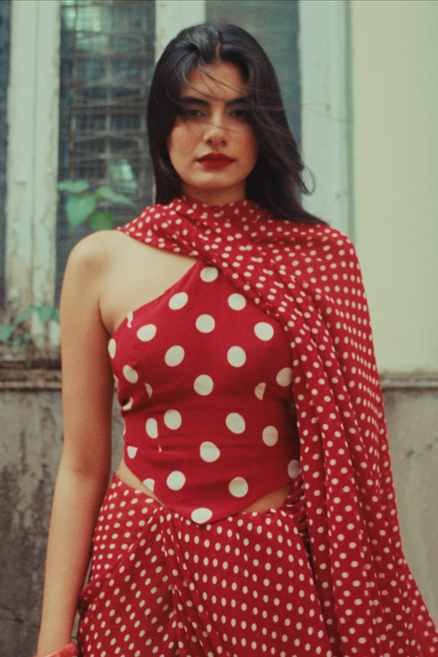 Red Polka dot chiffon saree