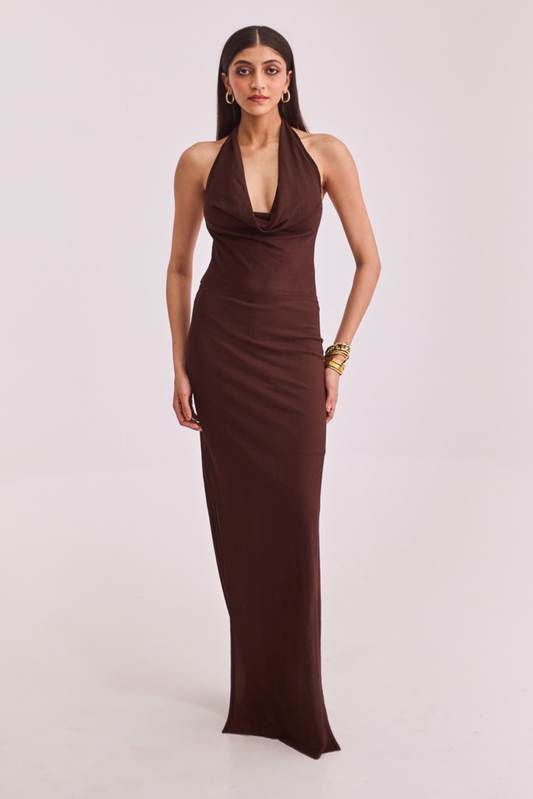 Brown Cowl Neck Maxi Dress