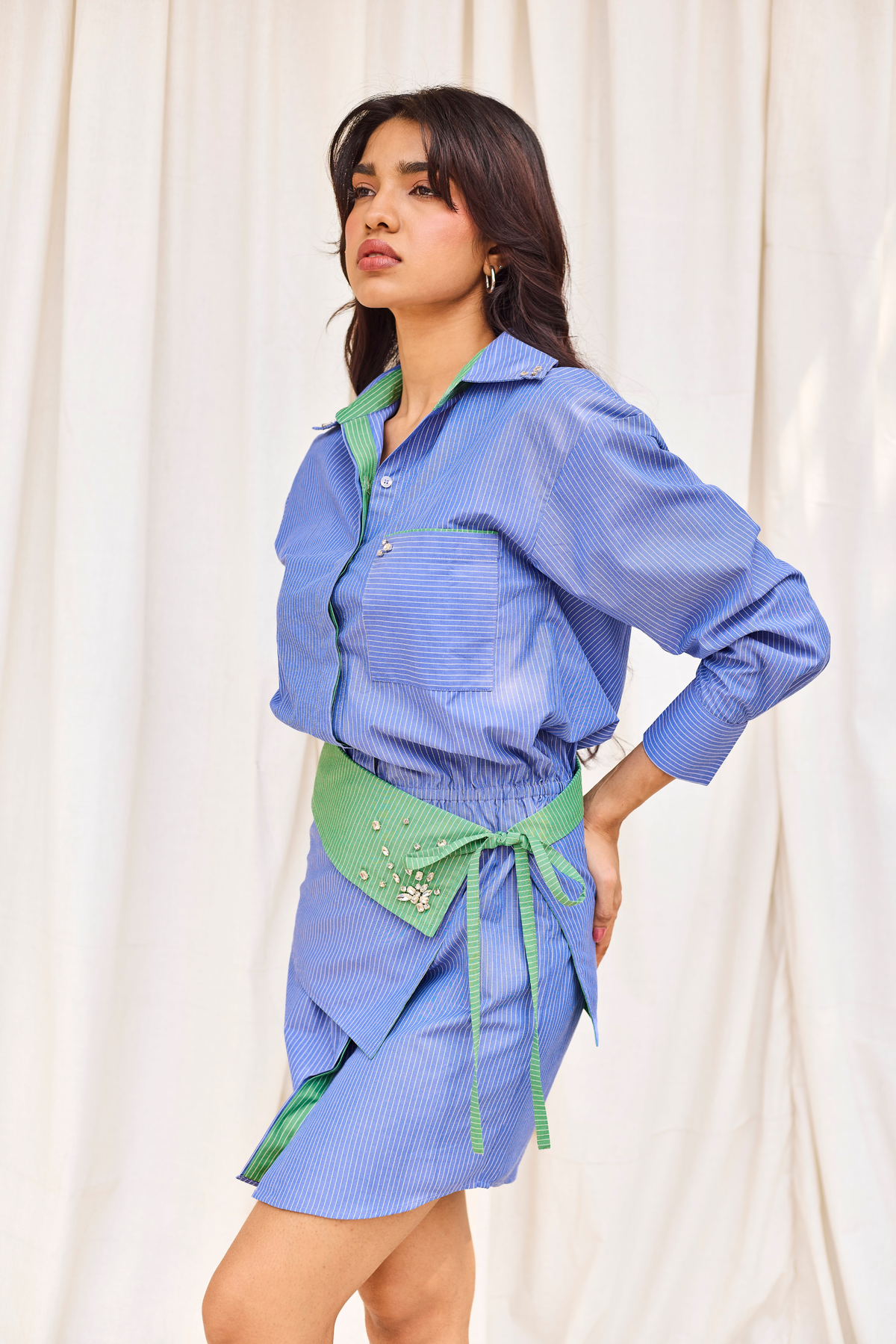 Blue Striped Hand Embroidered Shirt Dress with Belt