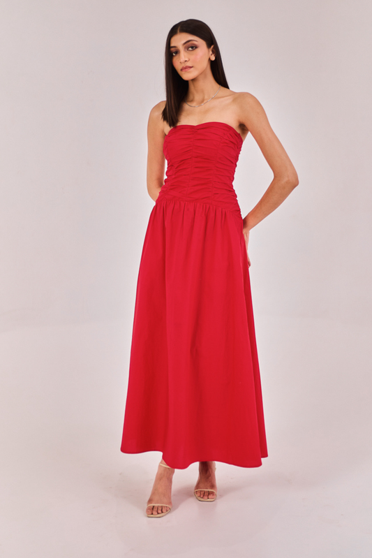 Red Strapless Midi Dress