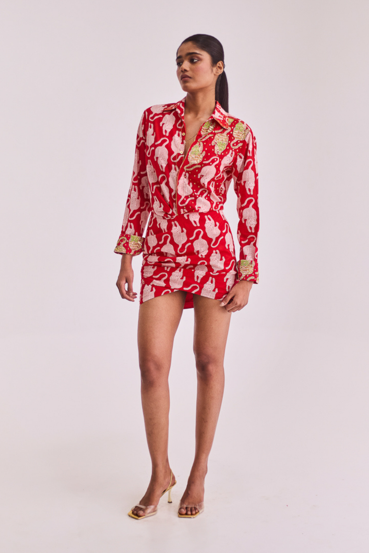Red Tiger Print Dress with Embroidery