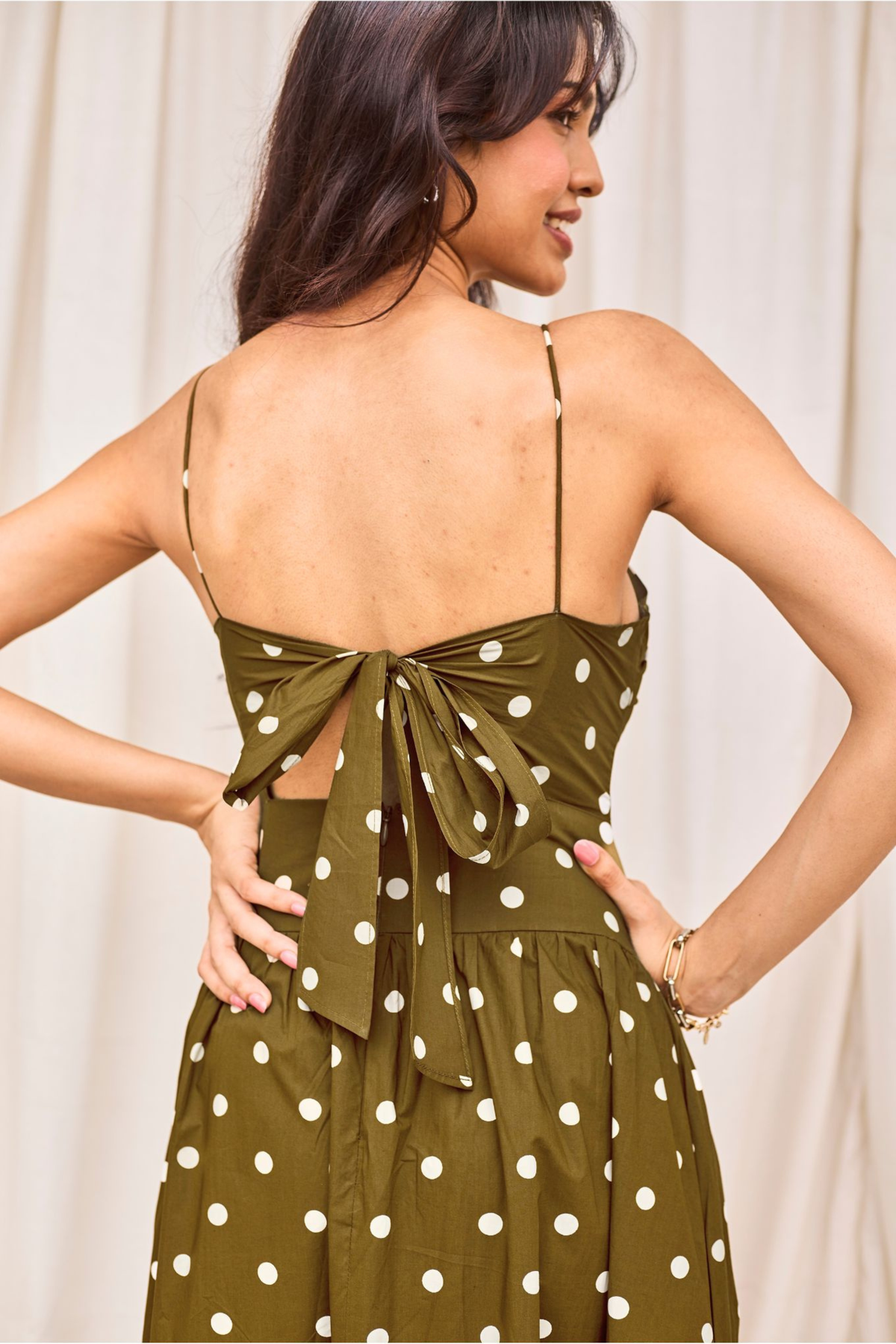 Green & White Polka Flared Midi Dress