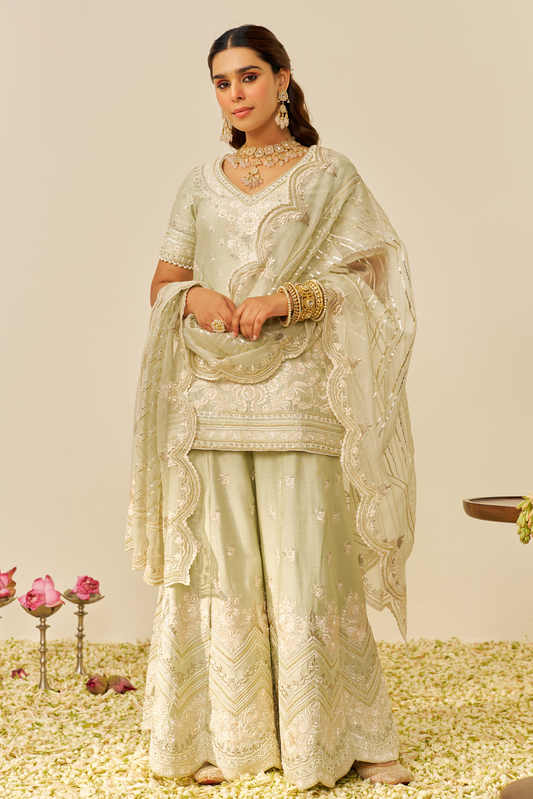 Sameeha - Mint Green Short Kurta With Sharara