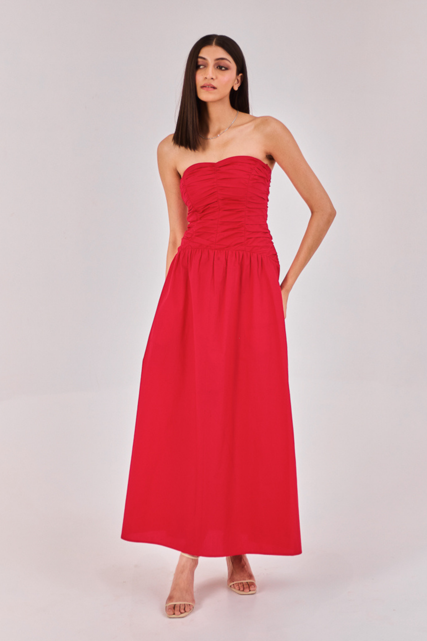Red Strapless Midi Dress
