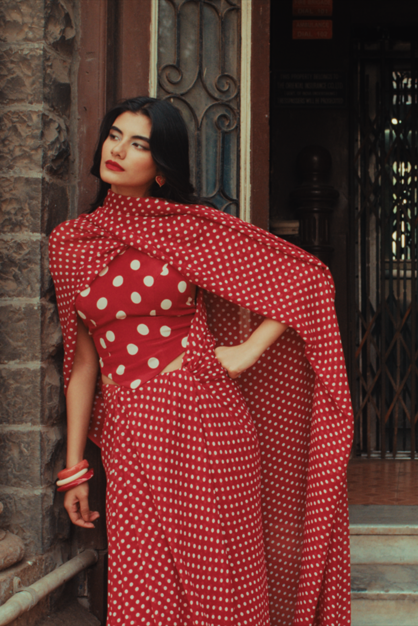 Red Polka dot chiffon saree