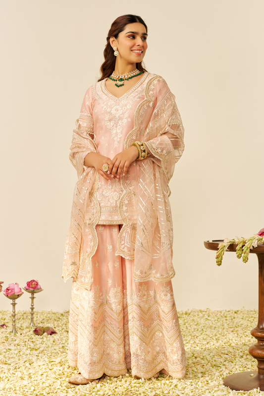 Sameeha - Off Rose Short Kurta With Sharara