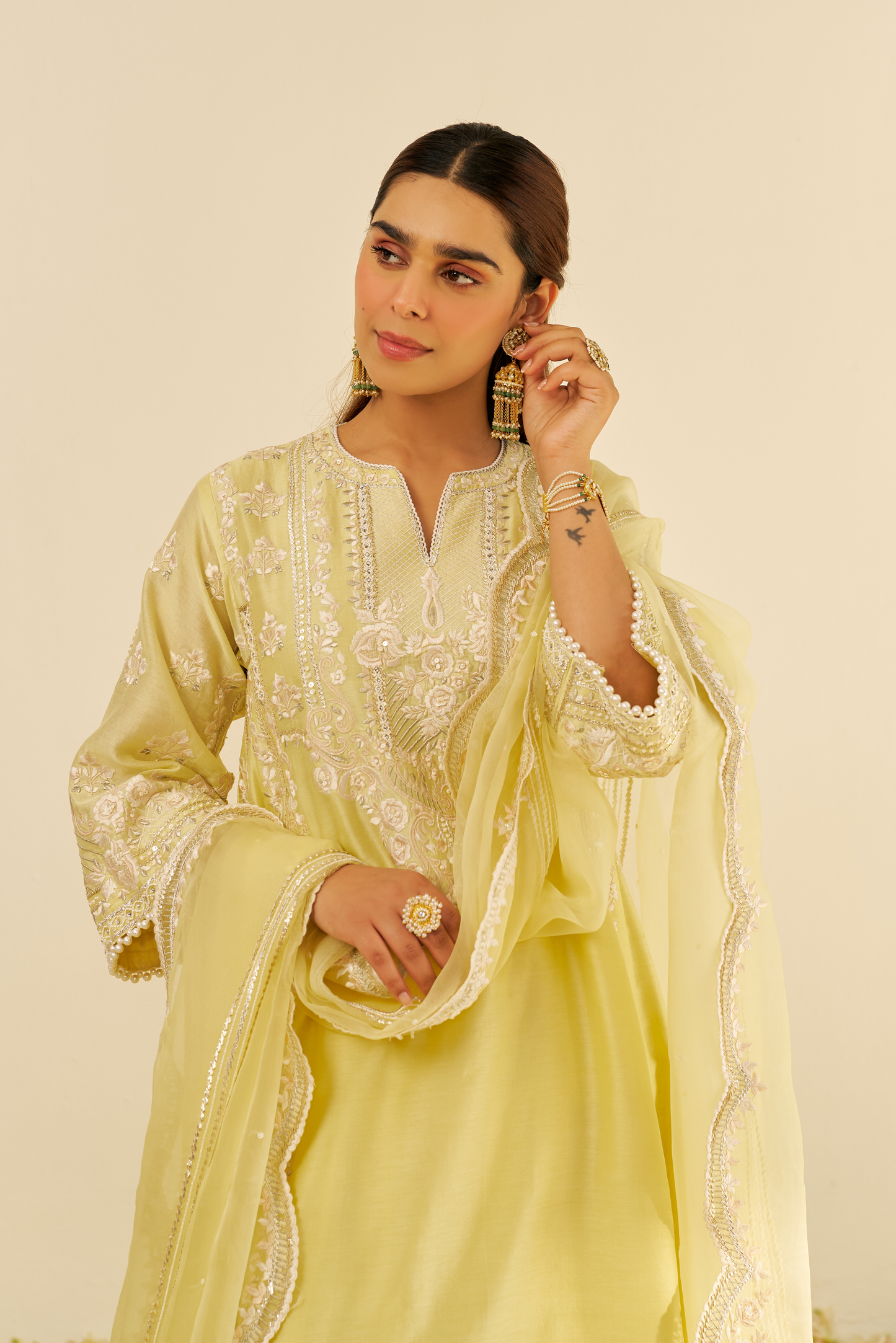 Maziya - Lemon Yellow Long Chauga With Salwar And Dupatta