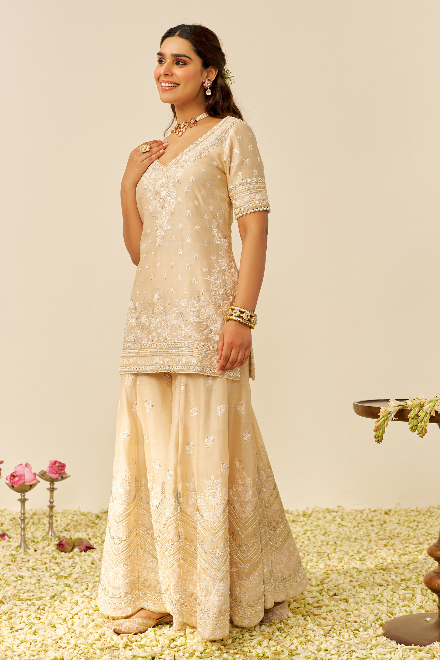 Sameeha - Beige Short Kurta With Sharara