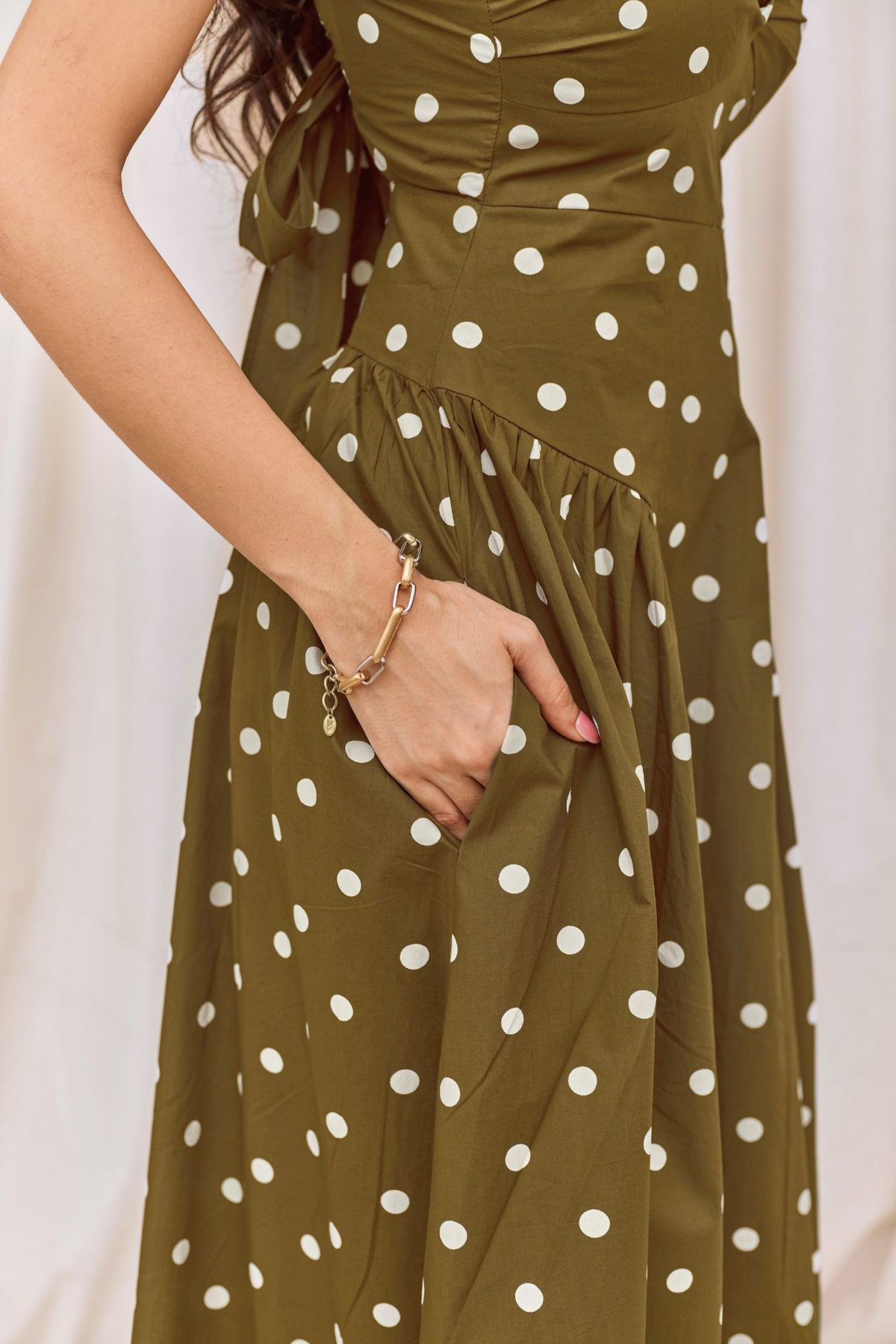 Green & White Polka Flared Midi Dress