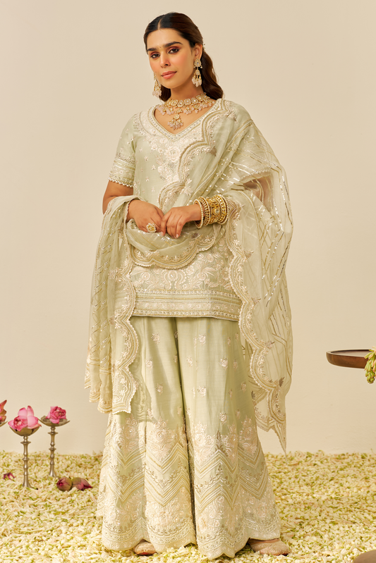 Sameeha - Mint Green Short Kurta With Sharara With Dupatta