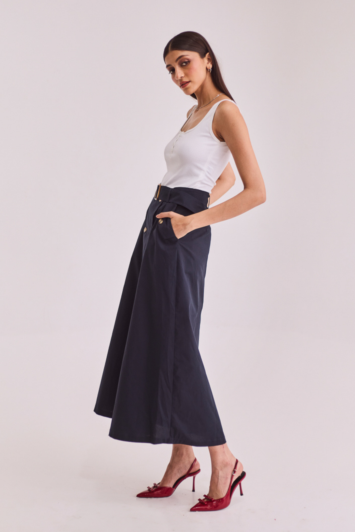 Navy Blue A-line Midi Skirt