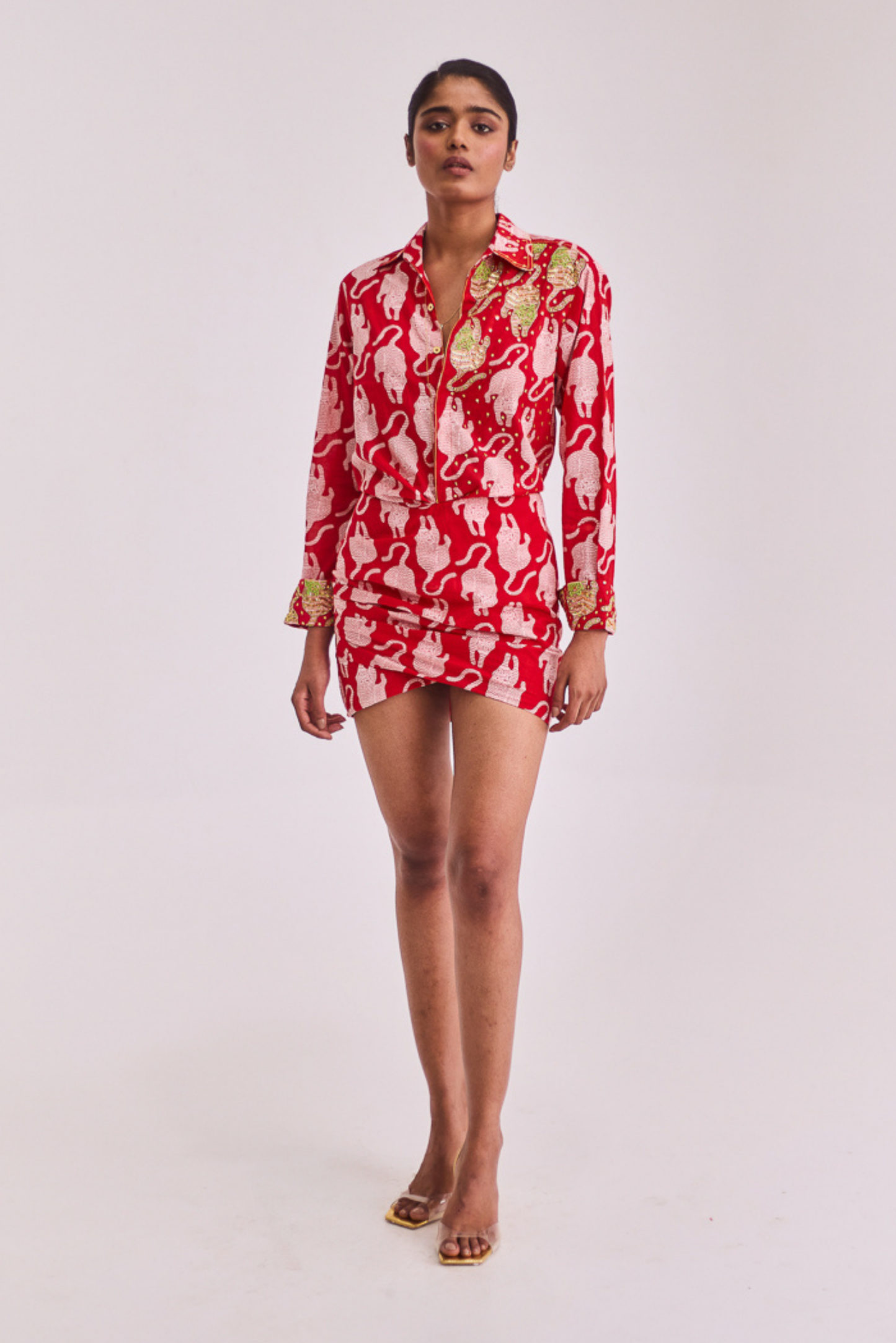 Red Tiger Print Dress with Embroidery
