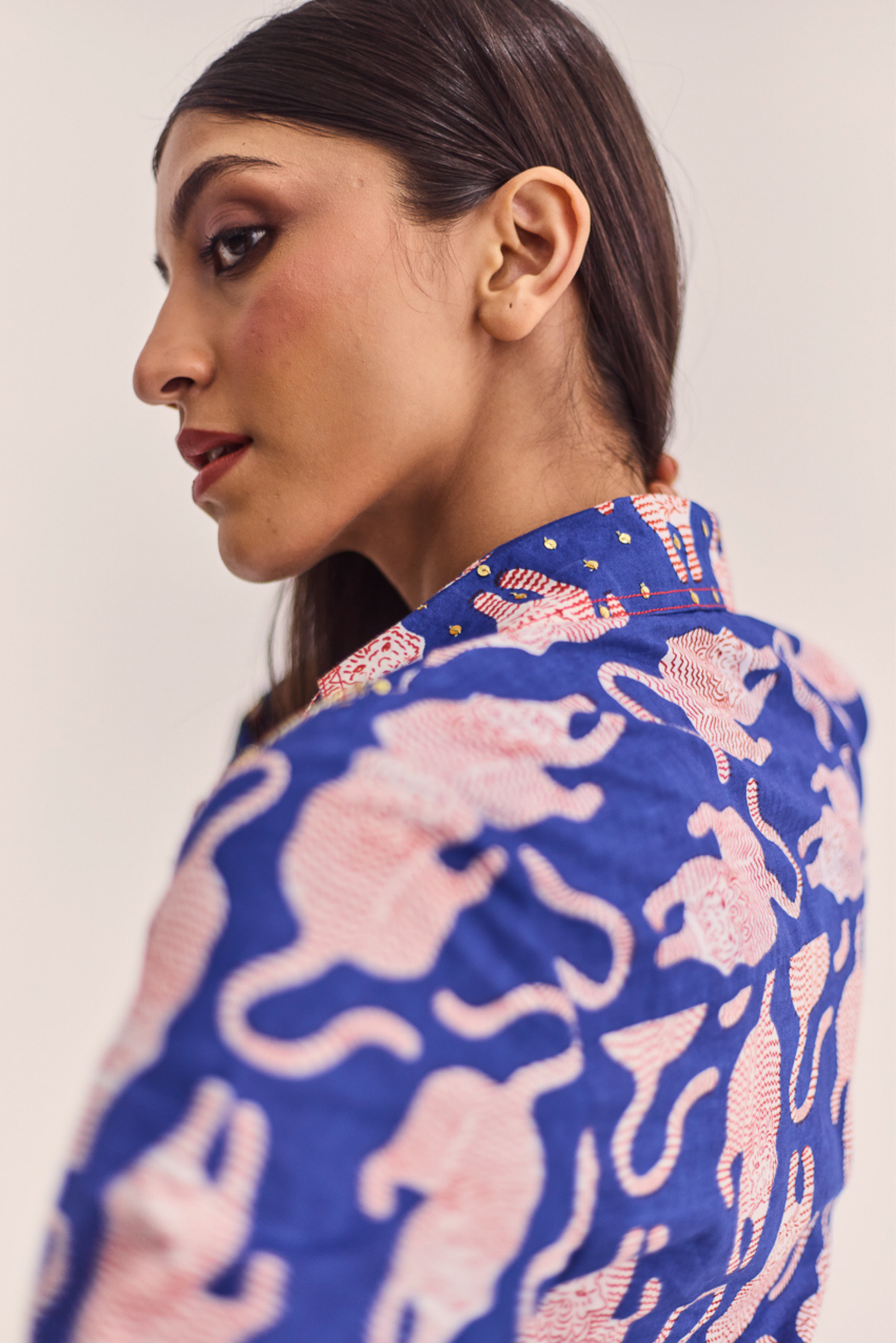 Blue Tiger Print Dress with Embroidery