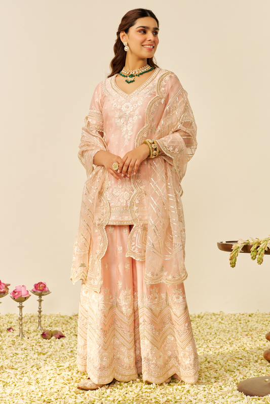 Sameeha - Off Rose Short Kurta With Sharara With Dupatta
