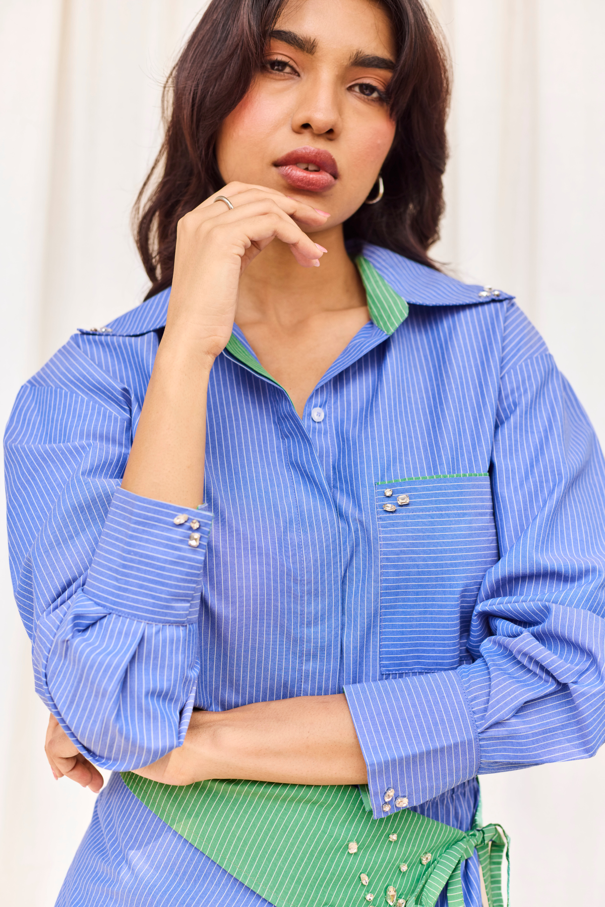 Blue Striped Hand Embroidered Shirt Dress with Belt