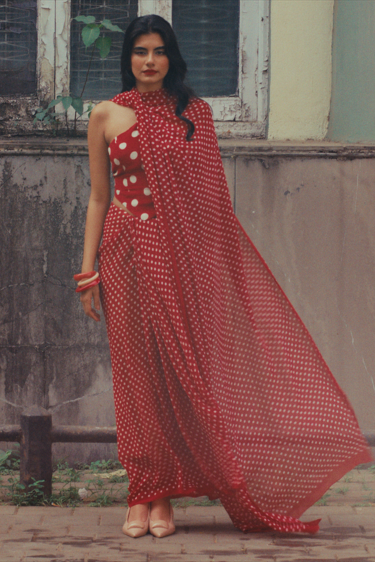 Red Polka dot chiffon saree