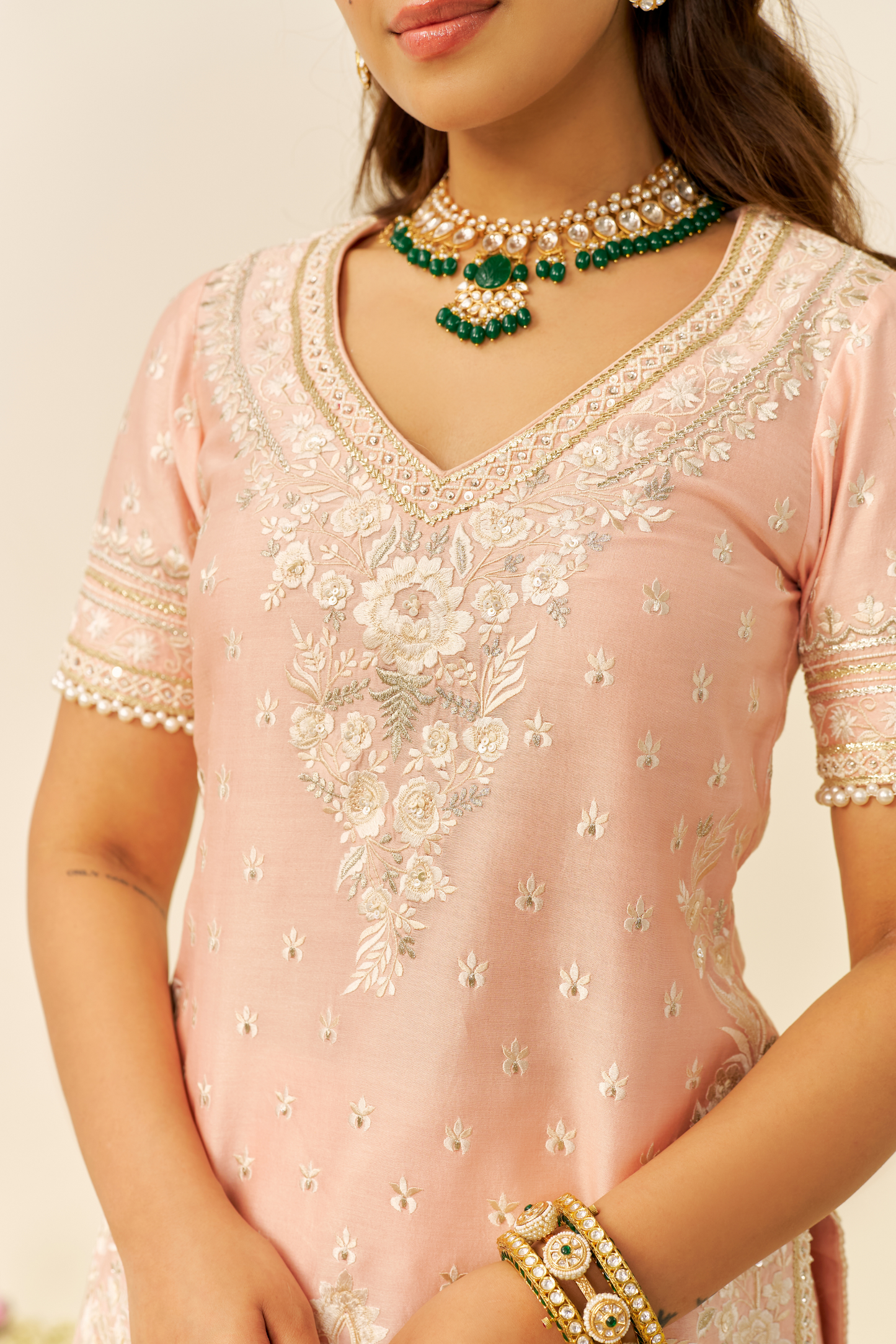 Sameeha - Off Rose Short Kurta With Sharara
