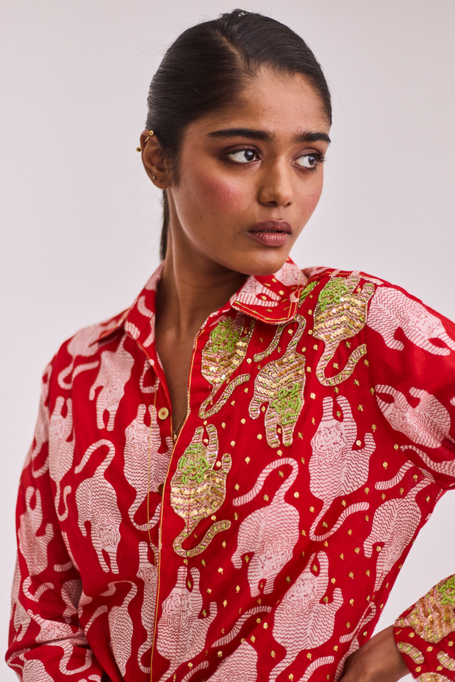 Red Tiger Print Dress with Embroidery