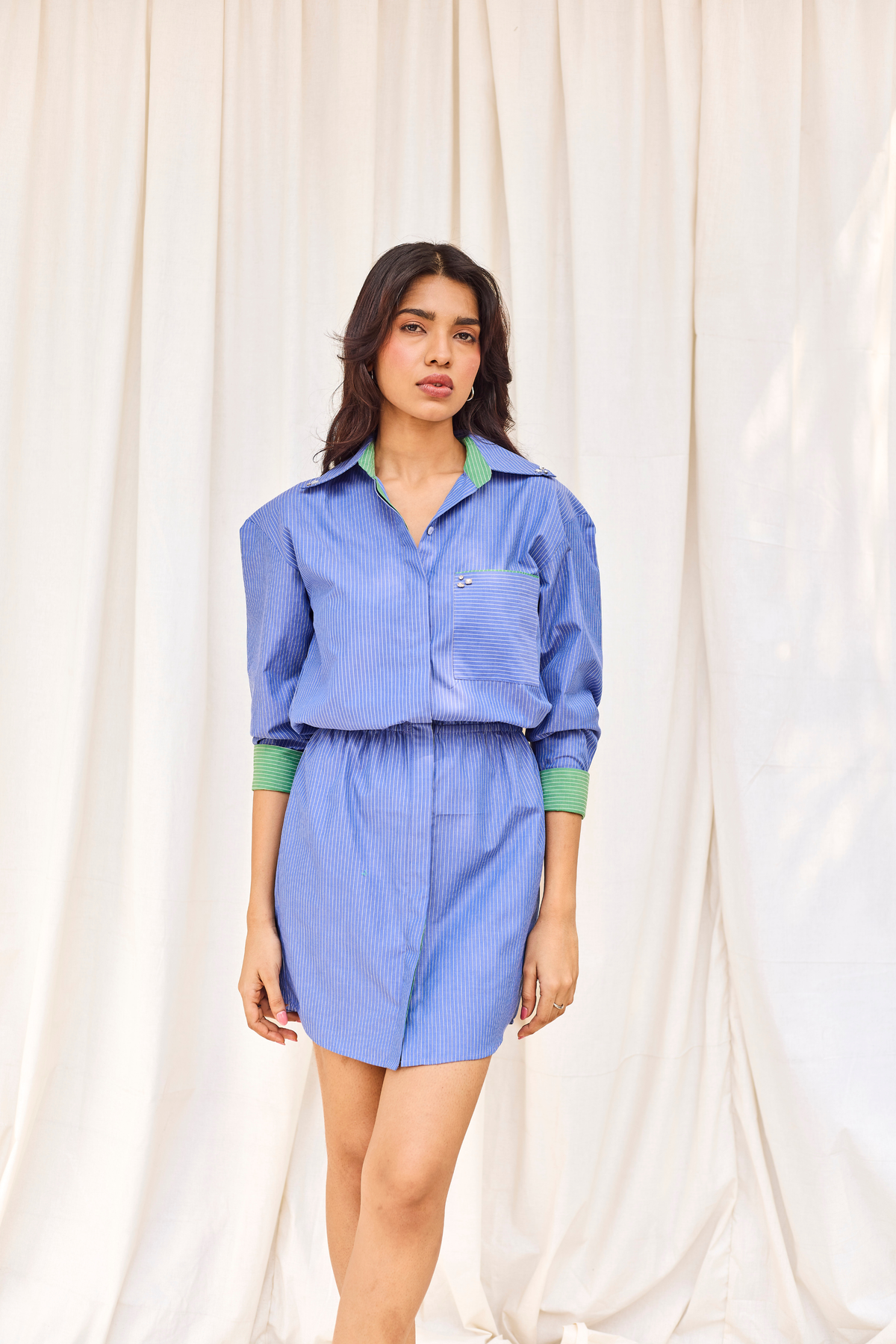 Blue Striped Hand Embroidered Shirt Dress with Belt