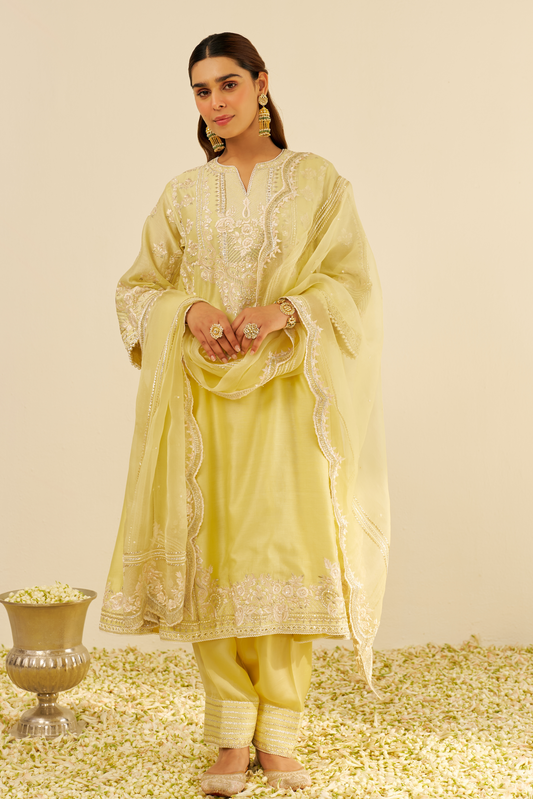 Maziya - Lemon Yellow Long Chauga With Salwar And Dupatta