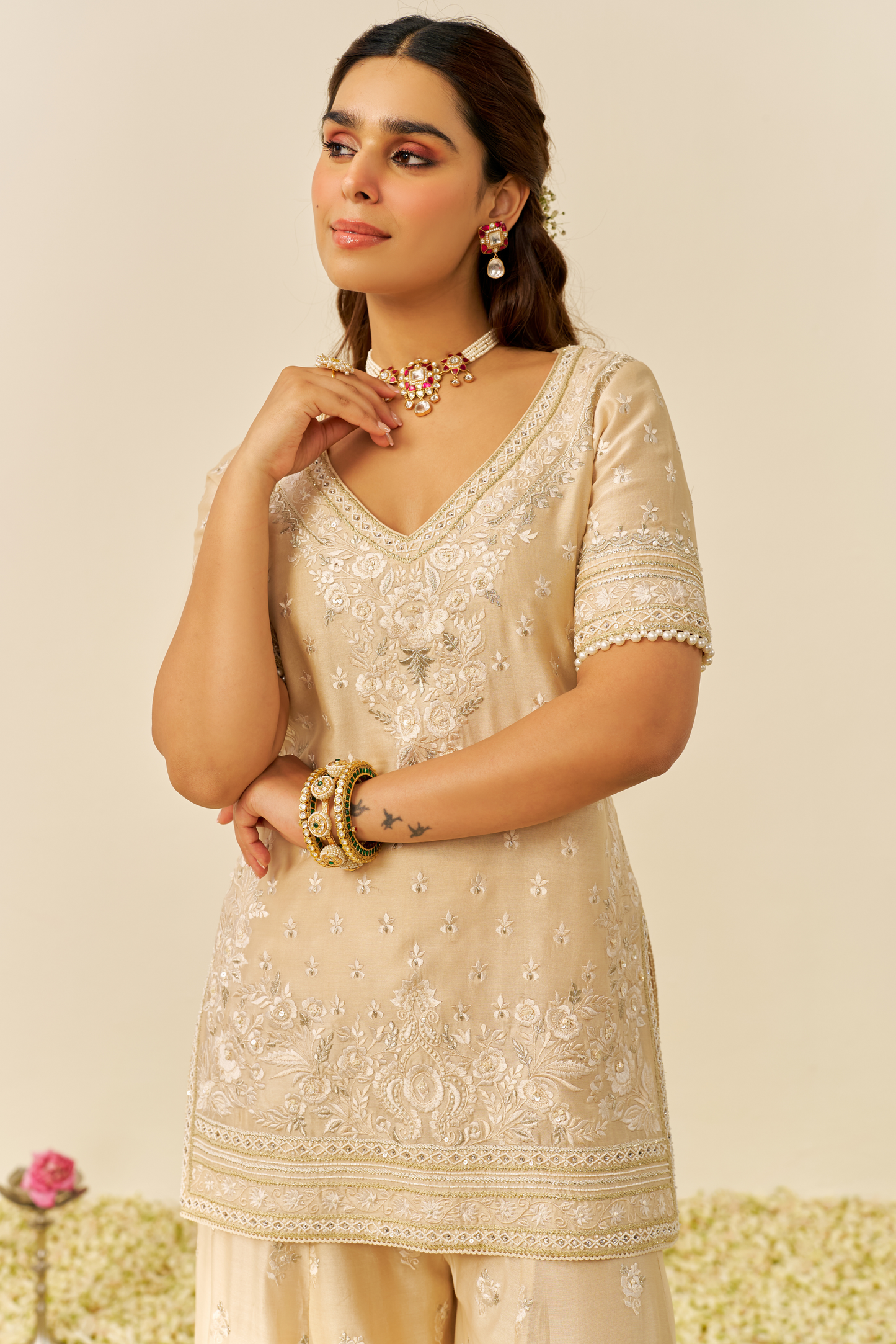 Sameeha - Beige Short Kurta With Sharara And Dupatta
