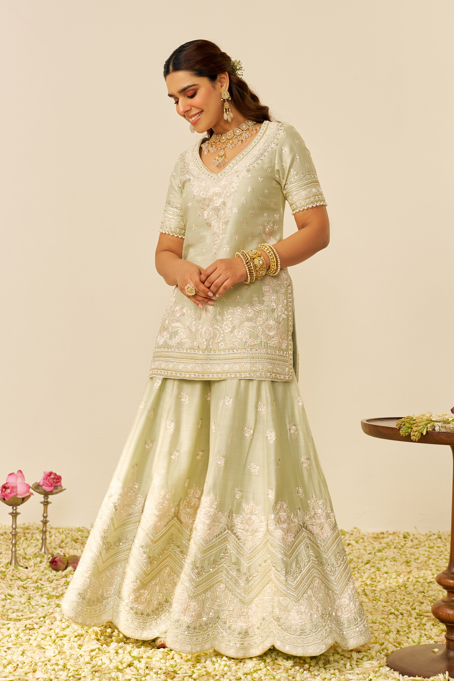 Sameeha - Mint Green Short Kurta With Sharara