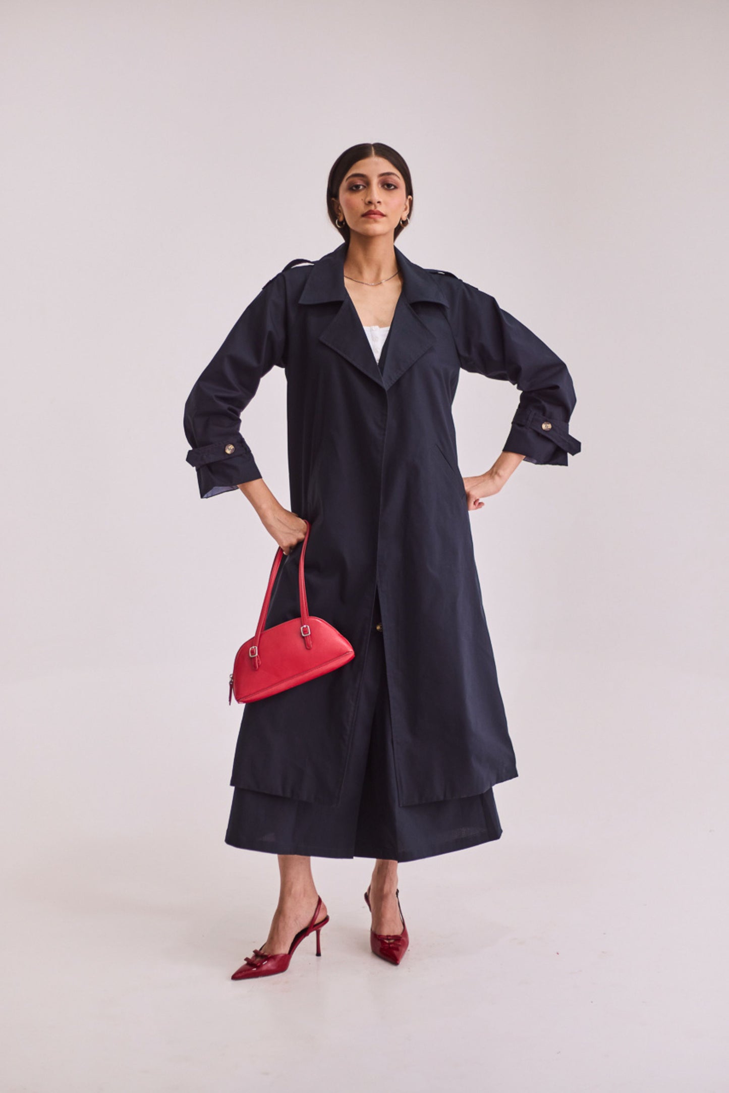 Navy Blue Trench Coat & Skirt Set