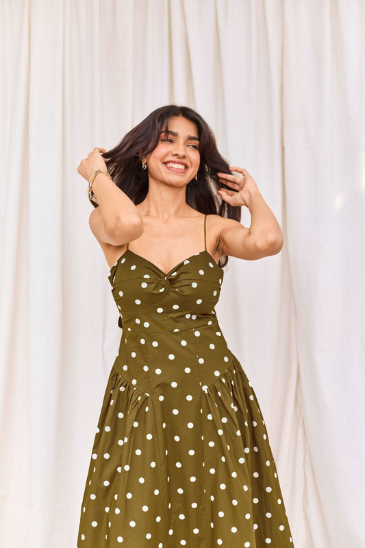 Green & White Polka Flared Midi Dress