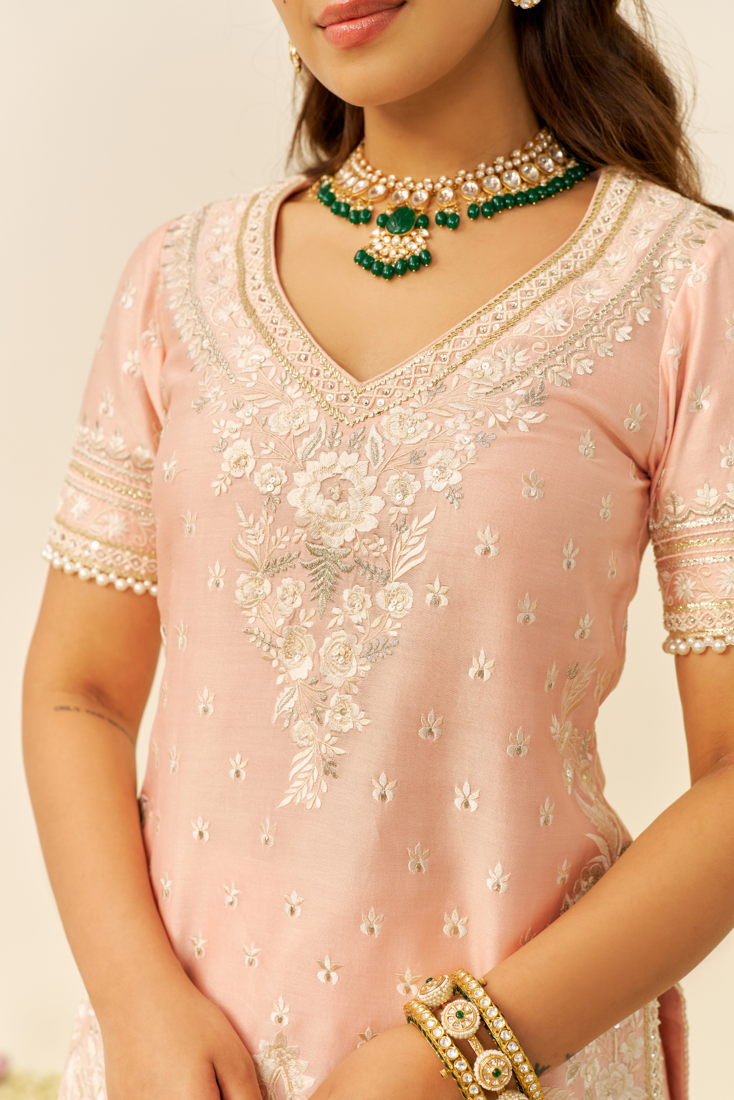 Sameeha - Off Rose Short Kurta With Sharara With Dupatta