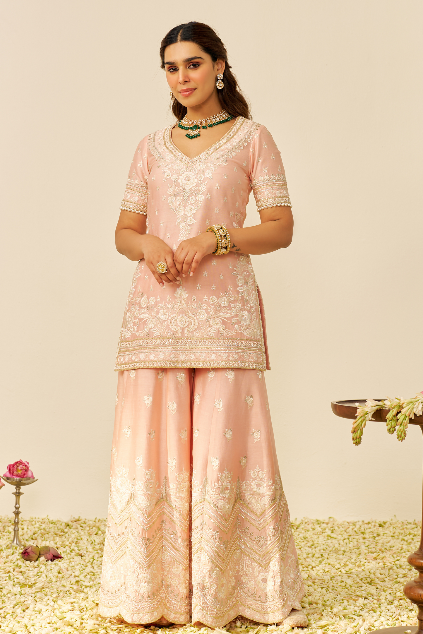 Sameeha - Off Rose Short Kurta With Sharara
