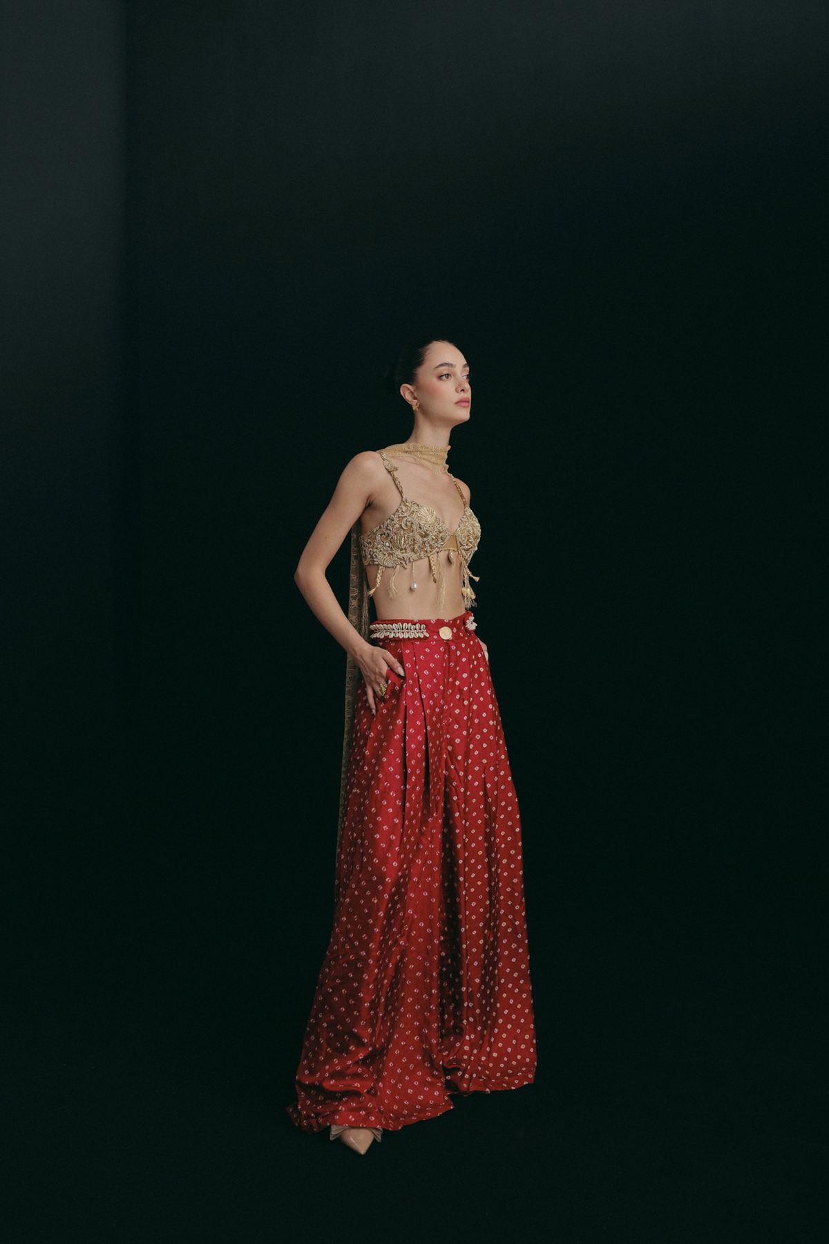 Red Bandhni Trousers, Gilded Sea Shells