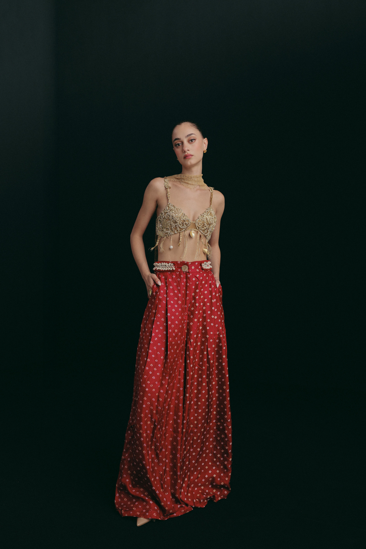 Red Bandhni Trousers, Gilded Sea Shells