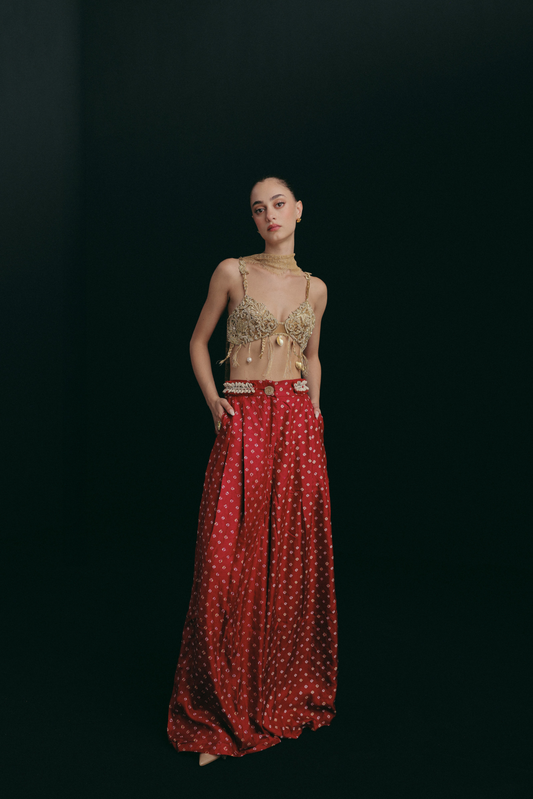Red Bandhni Trousers, Gilded Sea Shells