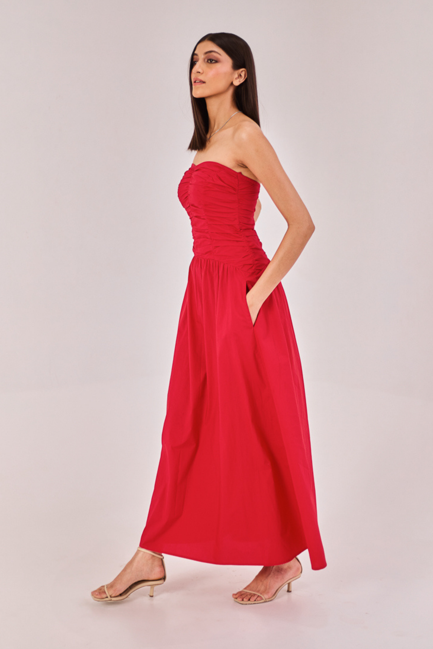 Red Strapless Midi Dress