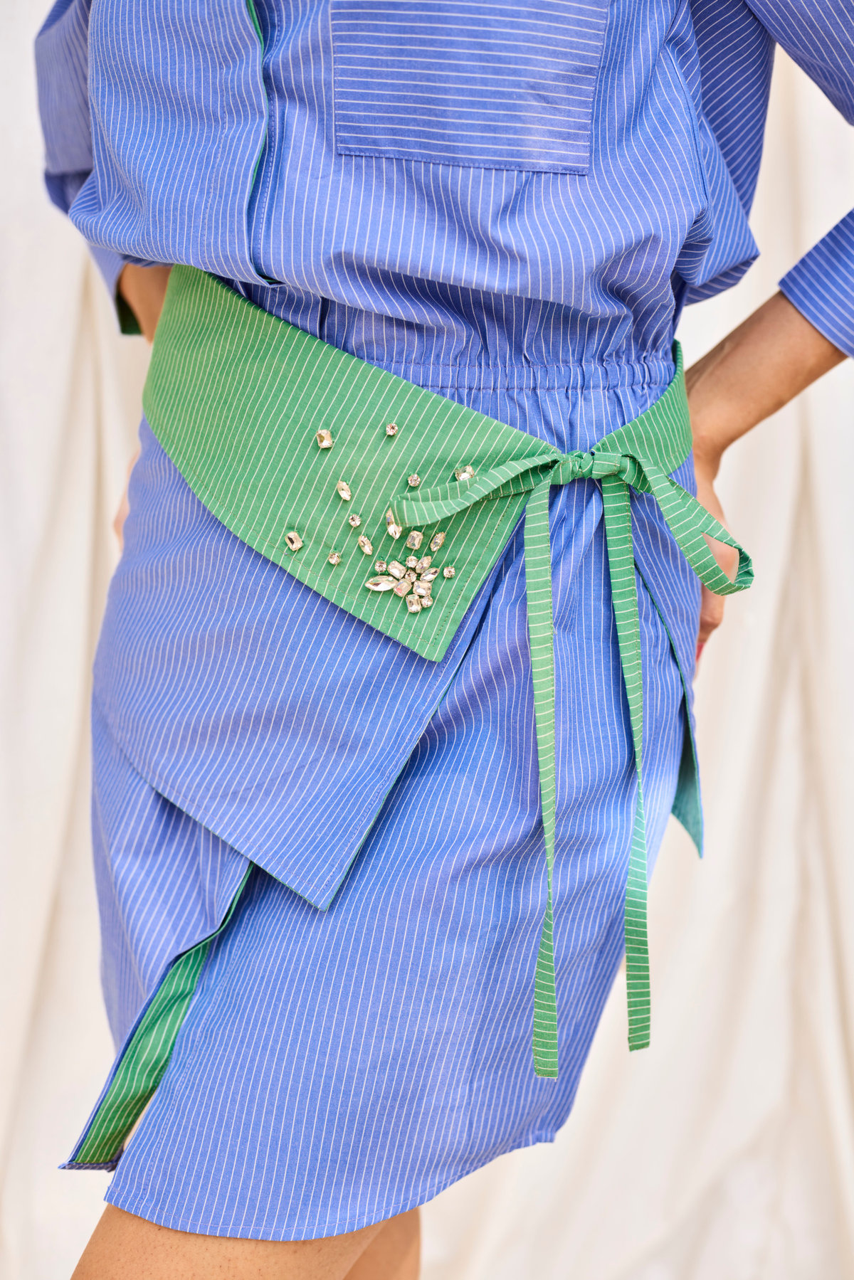 Blue Striped Hand Embroidered Shirt Dress with Belt